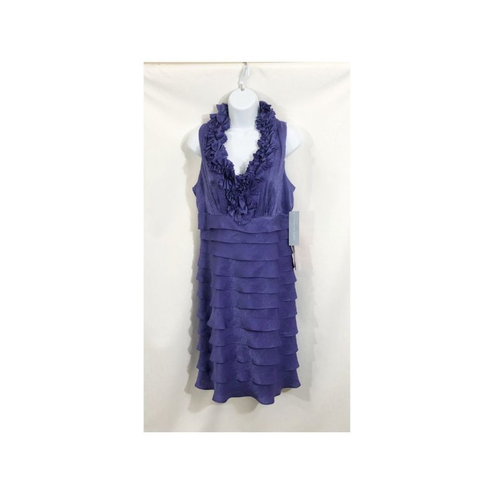 London Times Sheath Dress Size 10 Ruffle Trim Tiered Purple V Neck - Picture 5 of 8